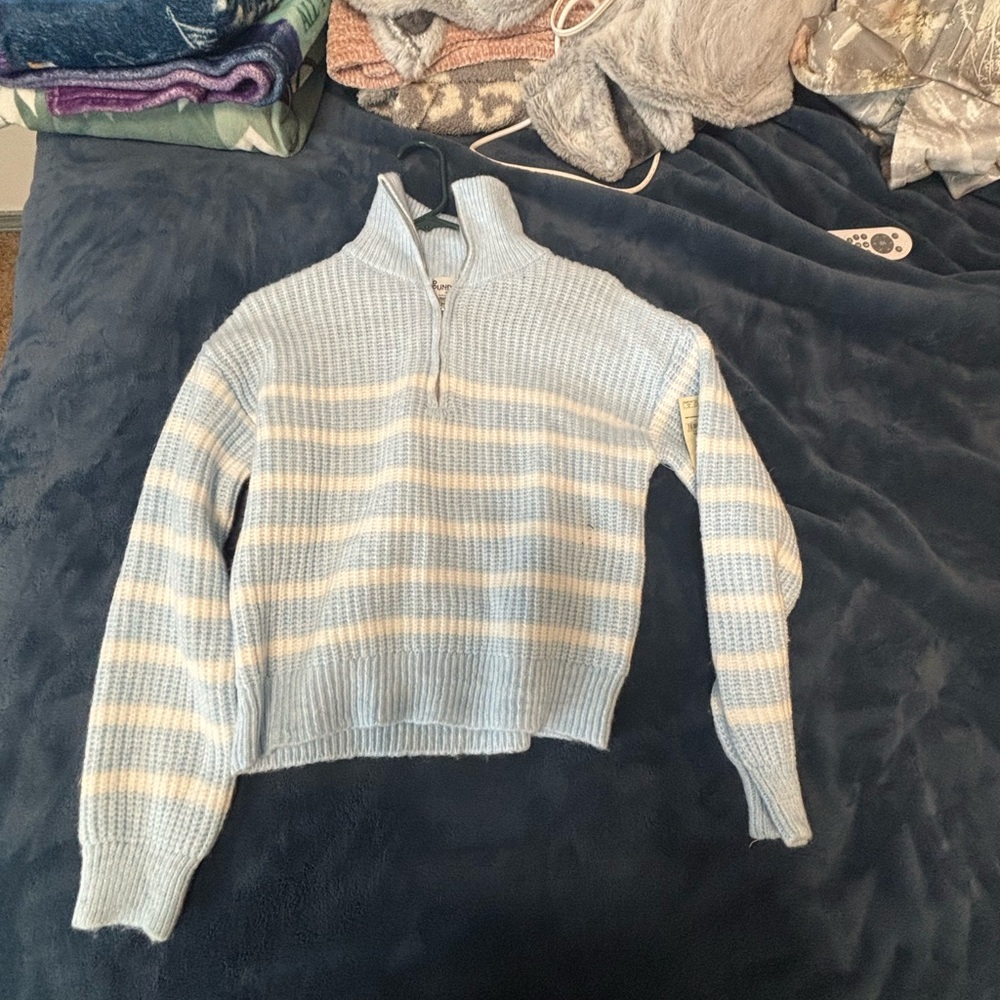 stripped blue and white turtleneck